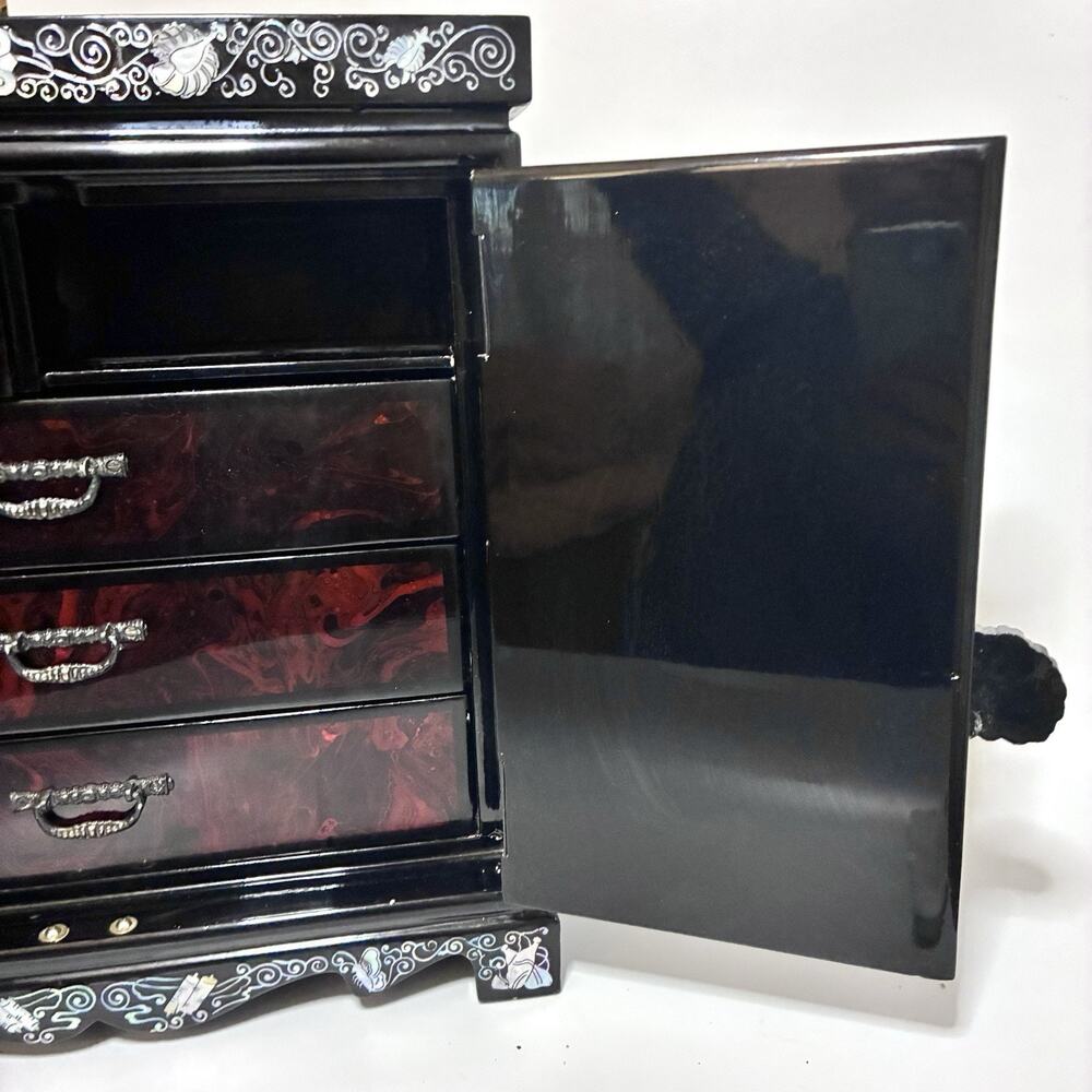 Vintage Chinese Mother of Pearl Inlay Jewelry Cabinet Lacquer Crane Box - Picture 11 of 16
